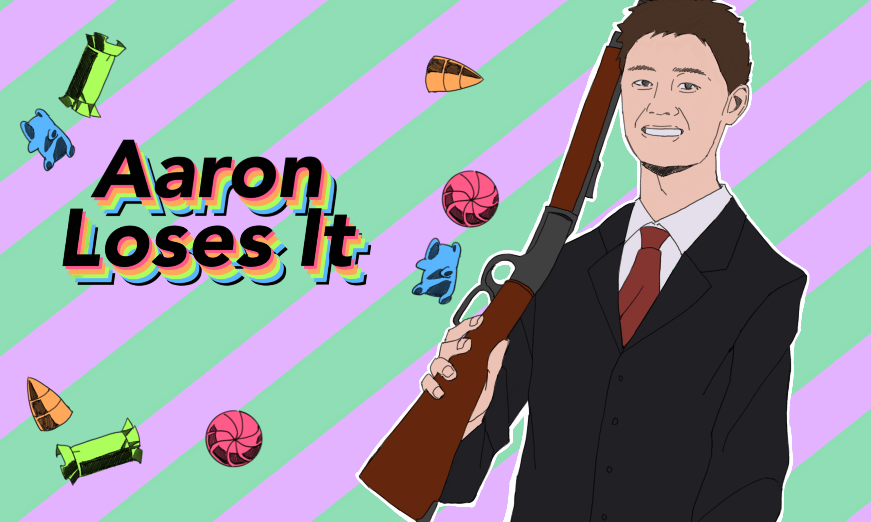 The words "Aaron Loses It" next to a stylized picture of Aaron in front of a pink and green background