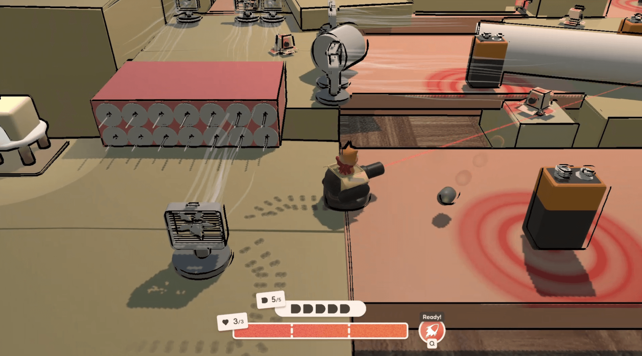 Level with fans and thumbtacks as spikes.