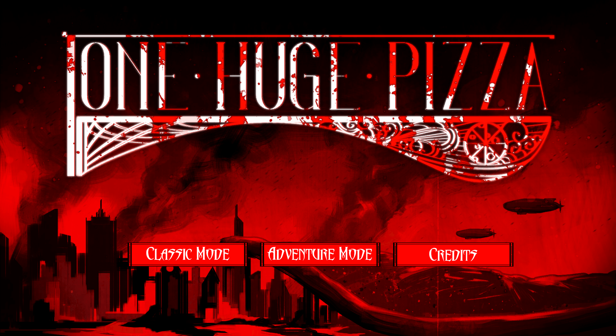 The main menu screen of the game. A deep red city with smoke billowing out is depicted.