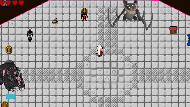 The player is in a tiled room surrounded by monsters.