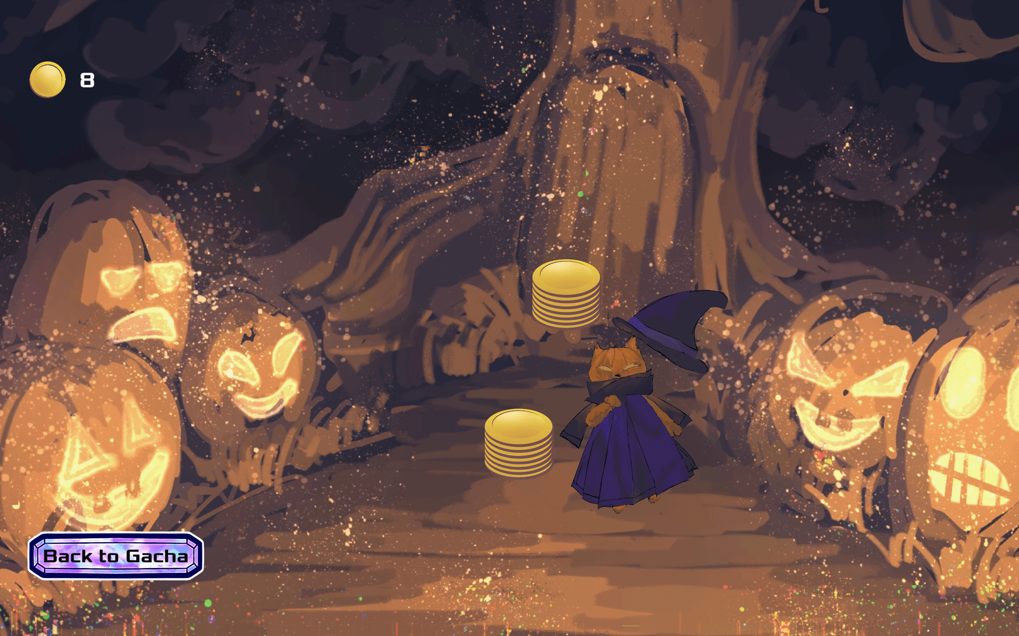 A cat in witch's clothes is zooming around a background filled with pumpkins