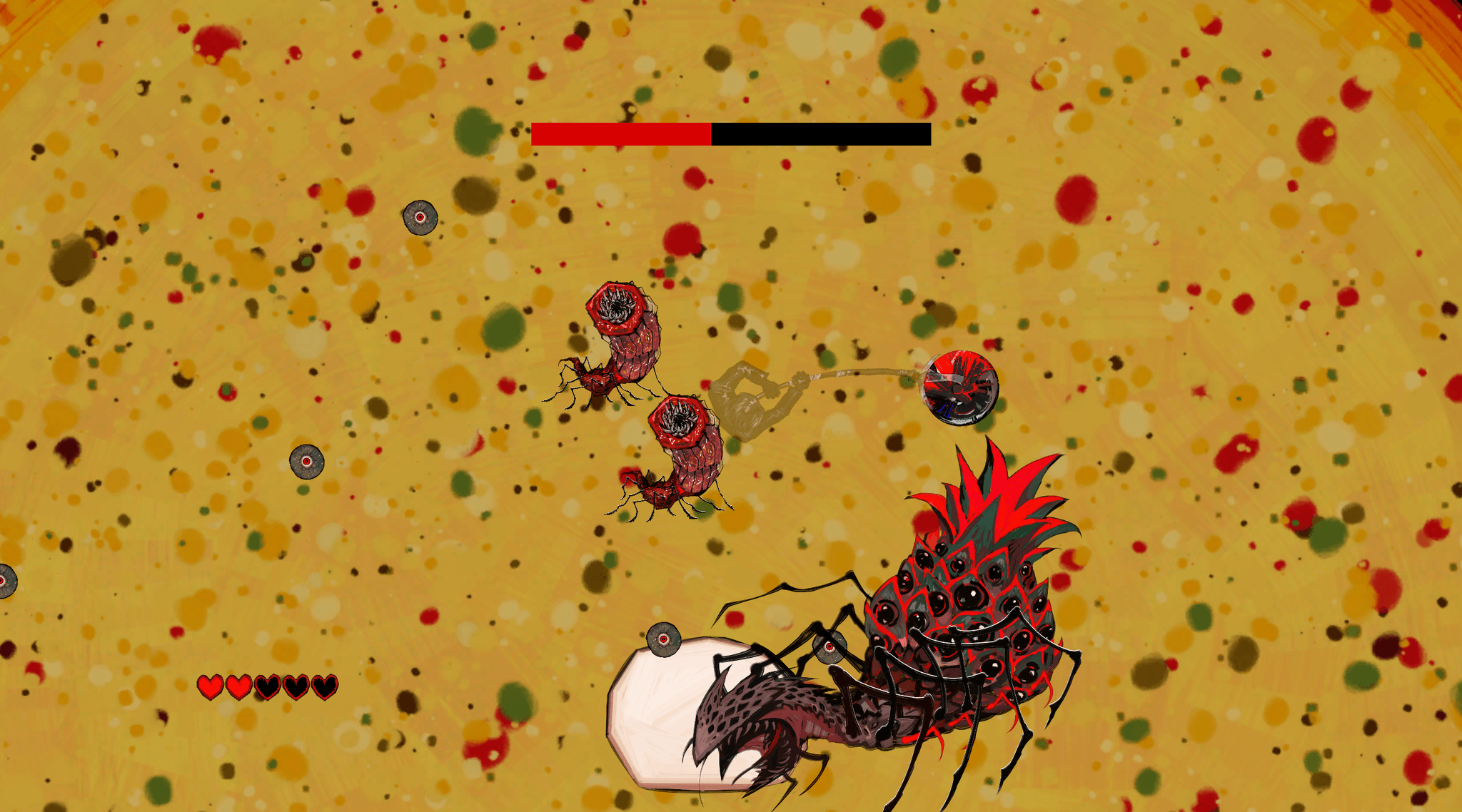 Player has reached the second stage. The pineapple boss looks even more grotesque, there's mozzarella on the pizza now, and small pepperoni creatures are swarming the character.