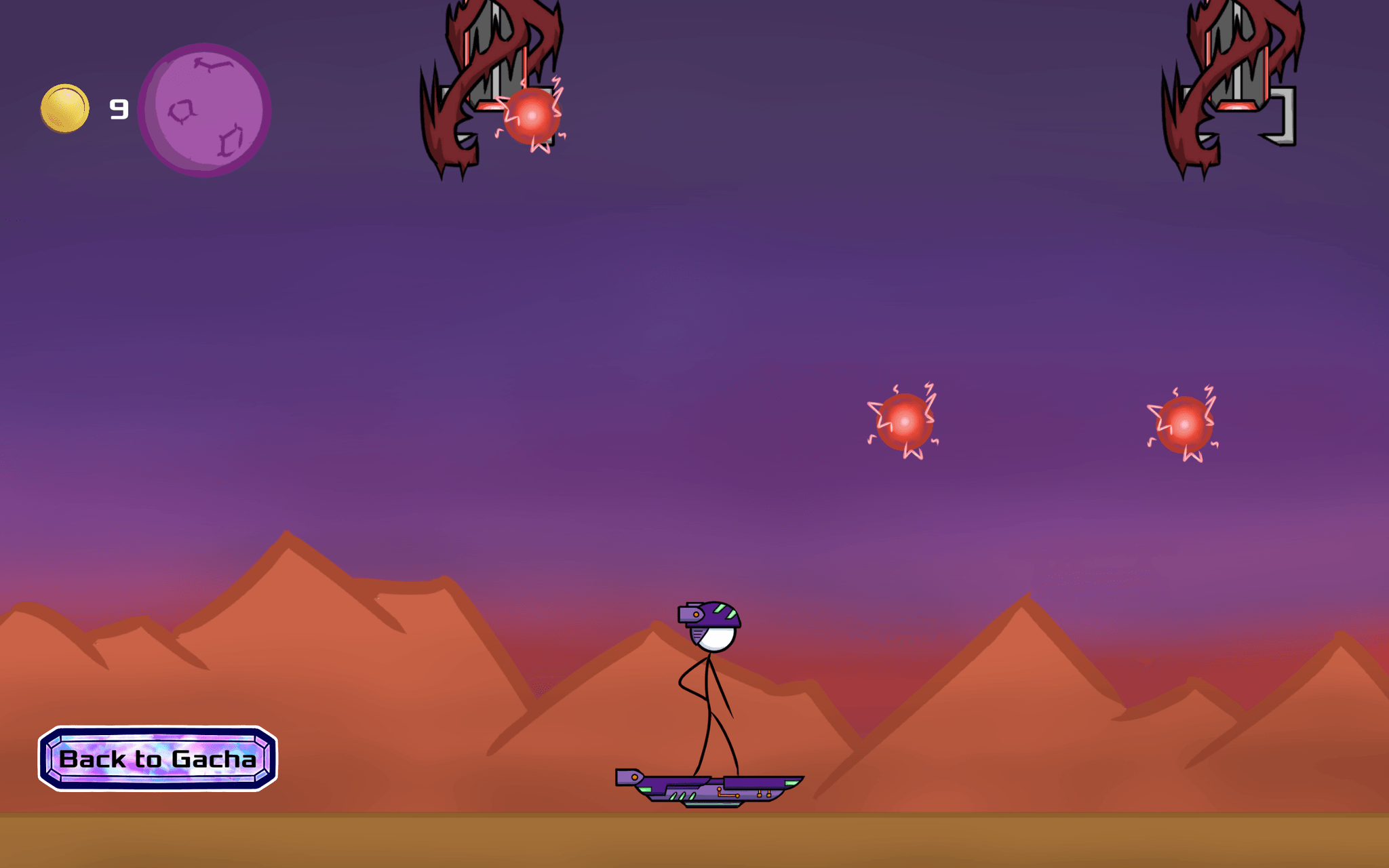 A stick figure on a skateboard is moving left and right to dodge deadly energy balls falling from the sky