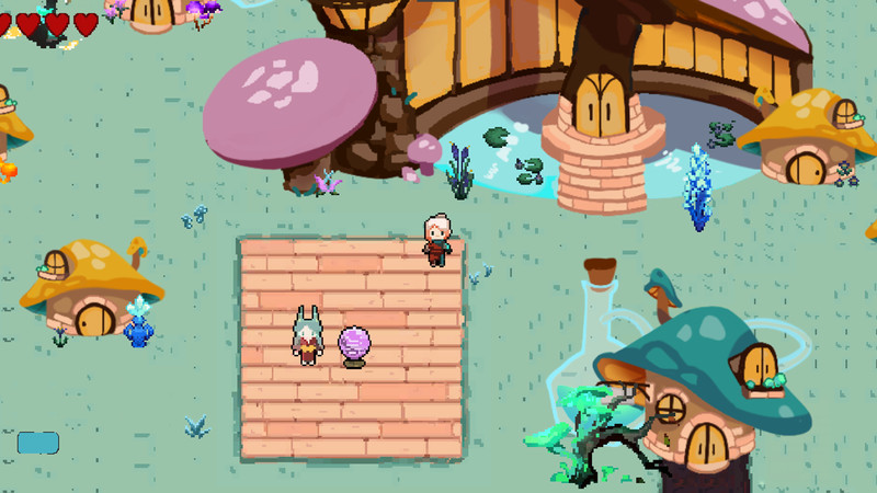 The player is in a mystical land surrounded by mushroom trees and cabins.