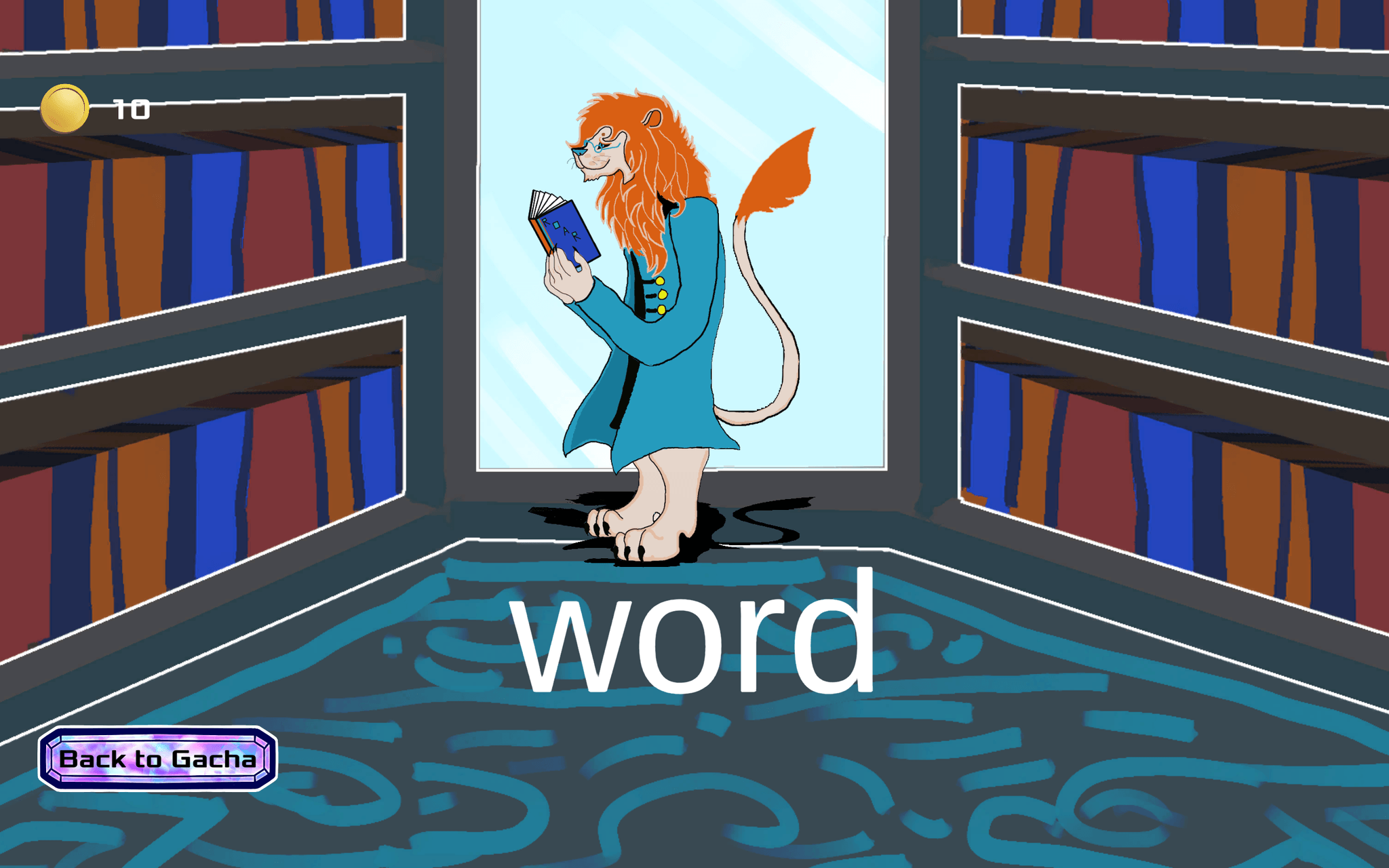 A lion-like figure is standing in a library, holding a book.