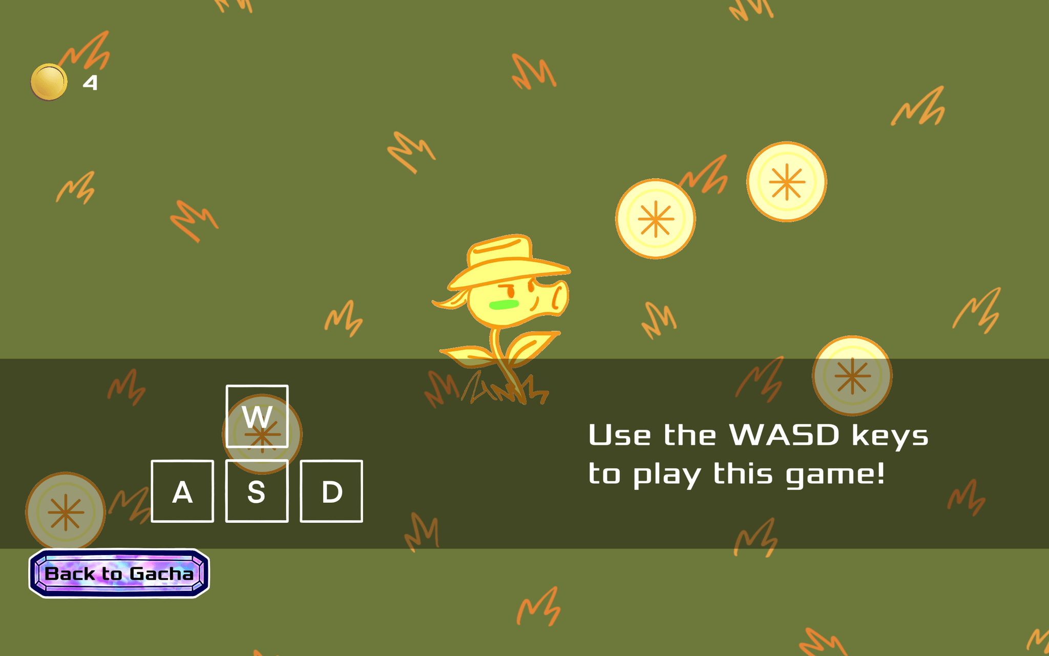 A flower wearing a hat is standing in a grassy field surrounded by coins. Instructions to play are displayed on the screen.